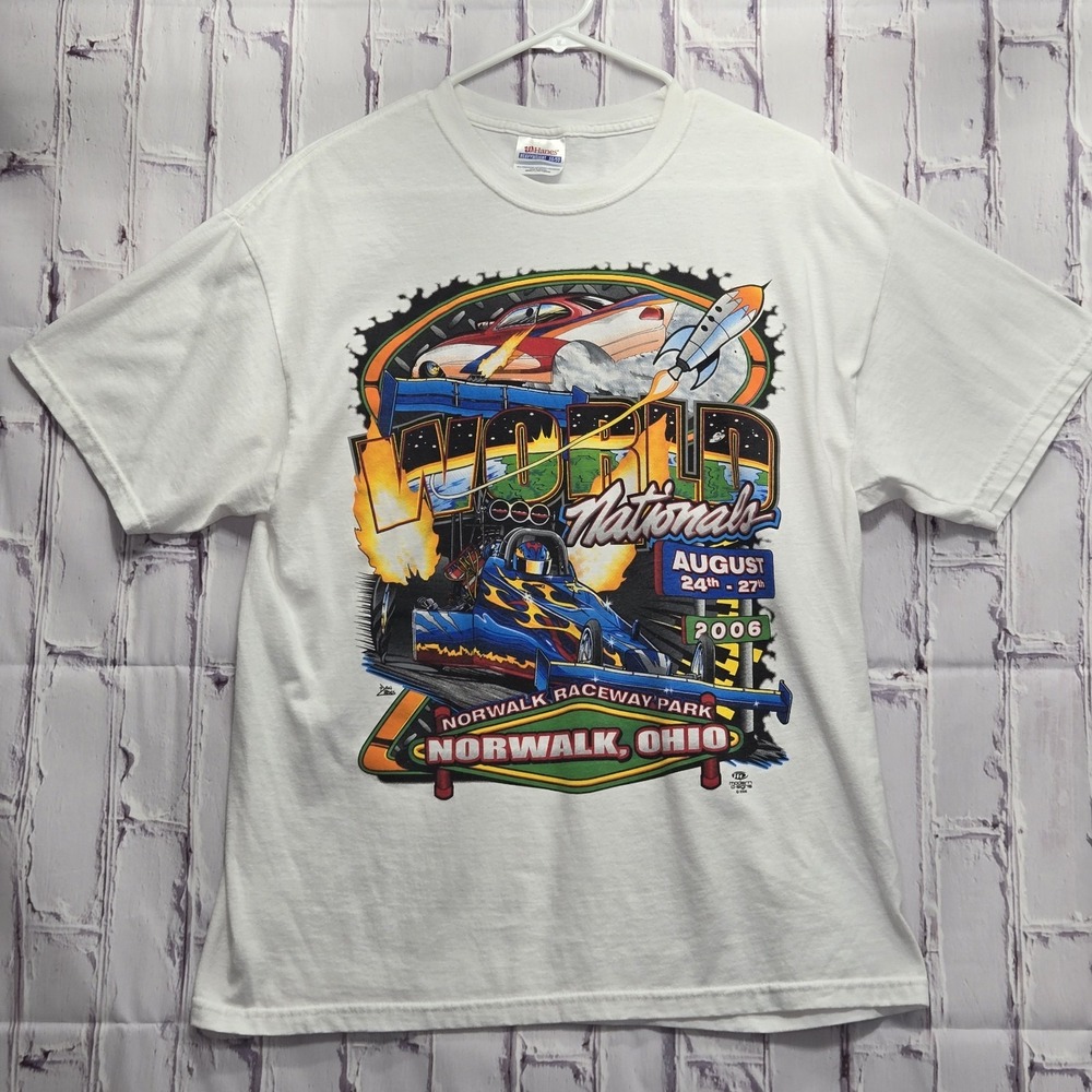 Y2K Mens Dragracing Bold Streetwear Doublesided Graphic‎ T-Shirt (Large)